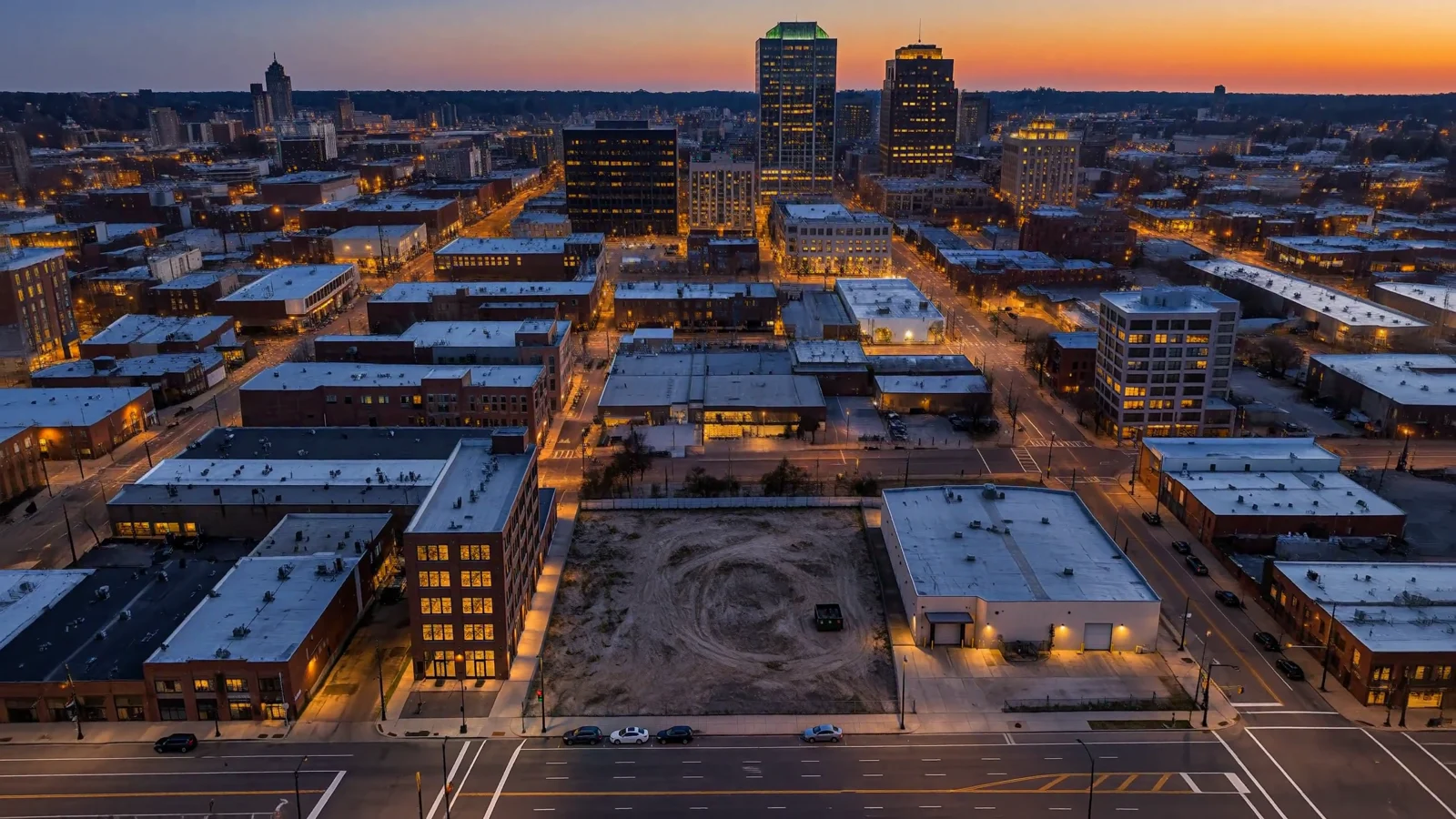 Vacant infill parcel in an urban neighborhood at blue hour